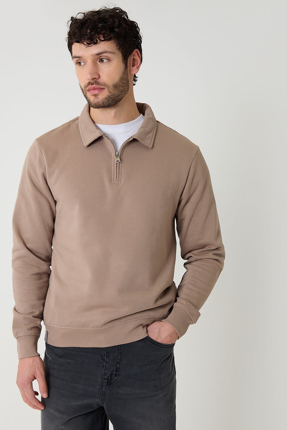 Threadbare Threadbare Men's Quarter Zip Collared Sweatshirt in Taupe