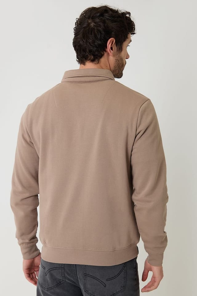 Threadbare Threadbare Men's Quarter Zip Collared Sweatshirt in Taupe - 2