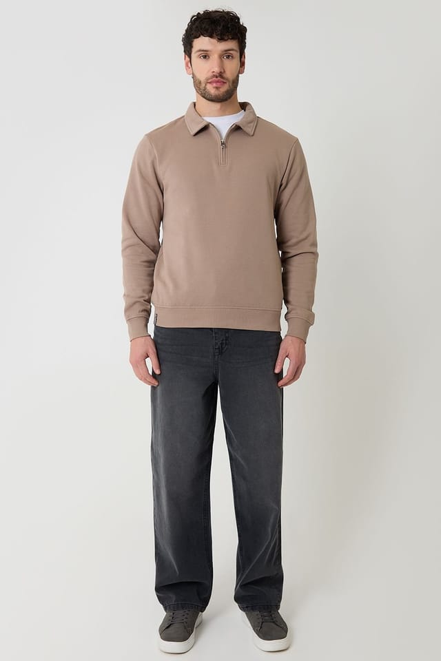 Threadbare Threadbare Men's Quarter Zip Collared Sweatshirt in Taupe - 3