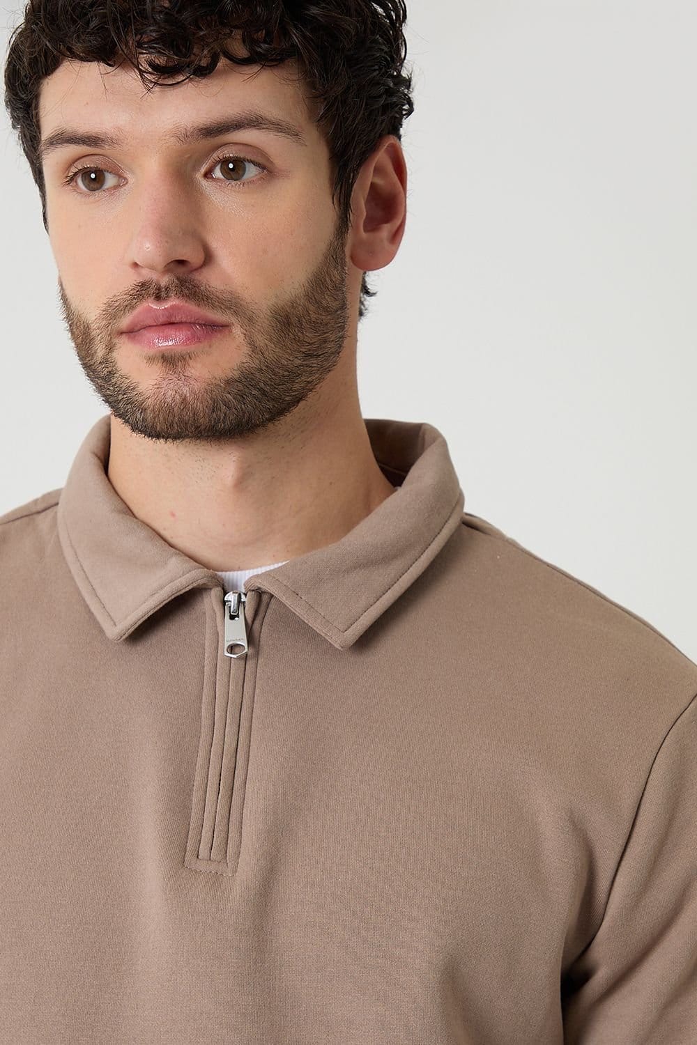 Threadbare Threadbare Men's Quarter Zip Collared Sweatshirt in Taupe - 4