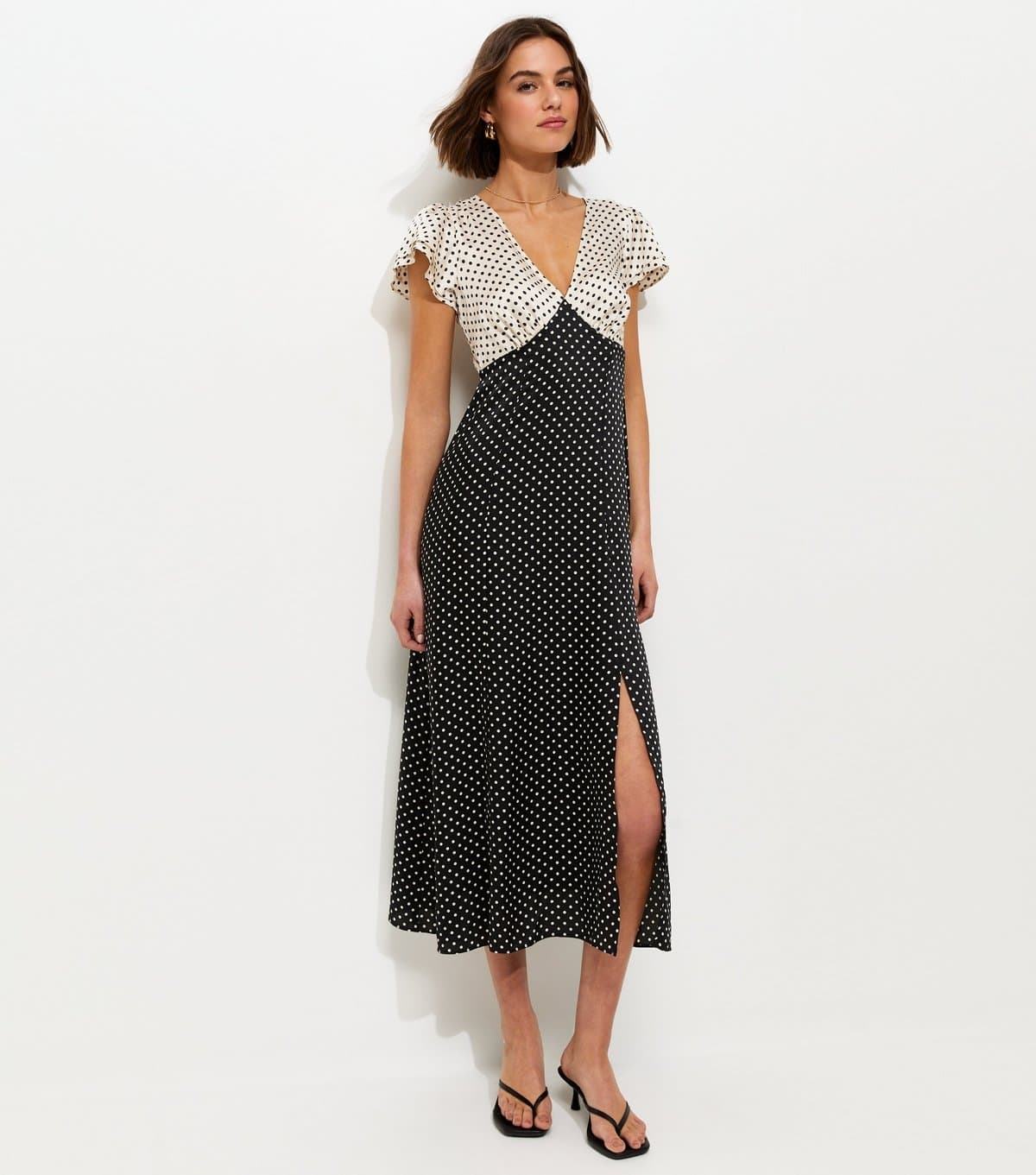 New Look Women's Black and White Satin Polka Dot Midi Dress New Look