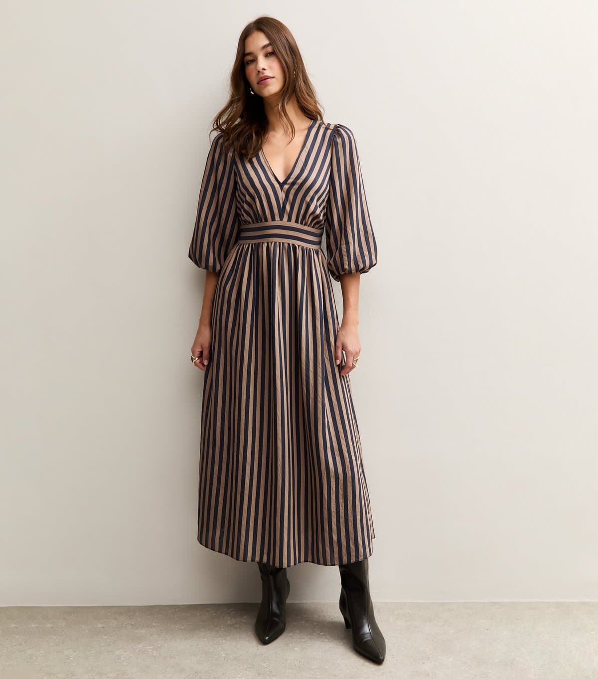 New Look Women's Brown Striped V-Neck Puff Sleeve Midi Dress New Look