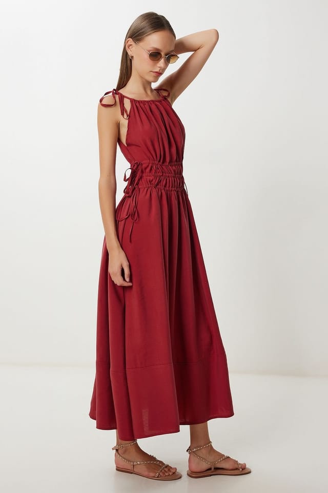 Happiness Istanbul Happiness Istanbul Women's Halter Neck Tie Detail Midi Dress in Dark Red - 2