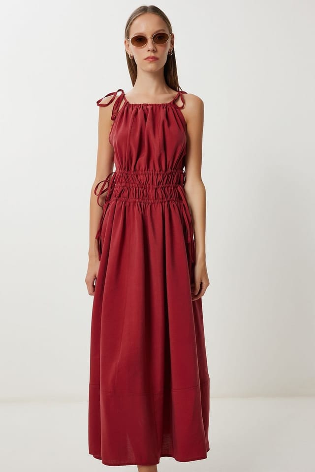 Happiness Istanbul Happiness Istanbul Women's Halter Neck Tie Detail Midi Dress in Dark Red - 3