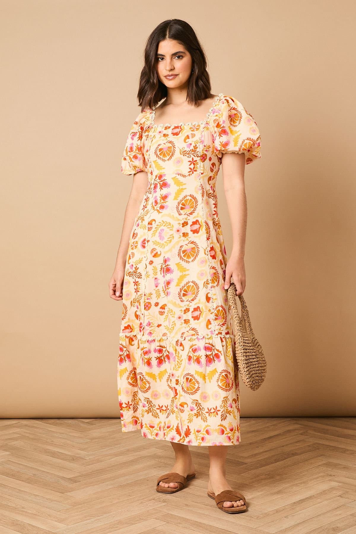 Oasis Oasis Women's Trim Detail Square Neck Puff Sleeve Midi Dress