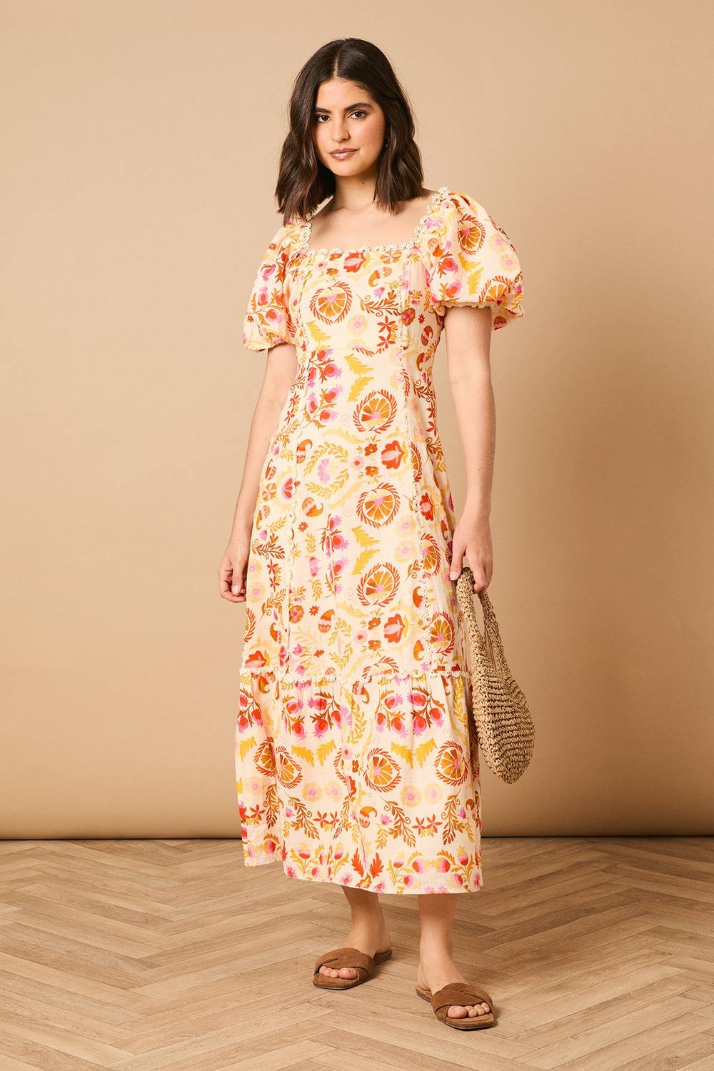 Oasis Oasis Women's Trim Detail Square Neck Puff Sleeve Midi Dress - 2