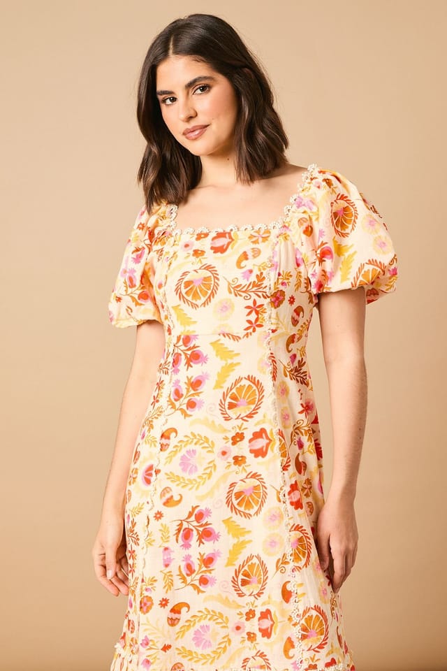 Oasis Oasis Women's Trim Detail Square Neck Puff Sleeve Midi Dress - 2