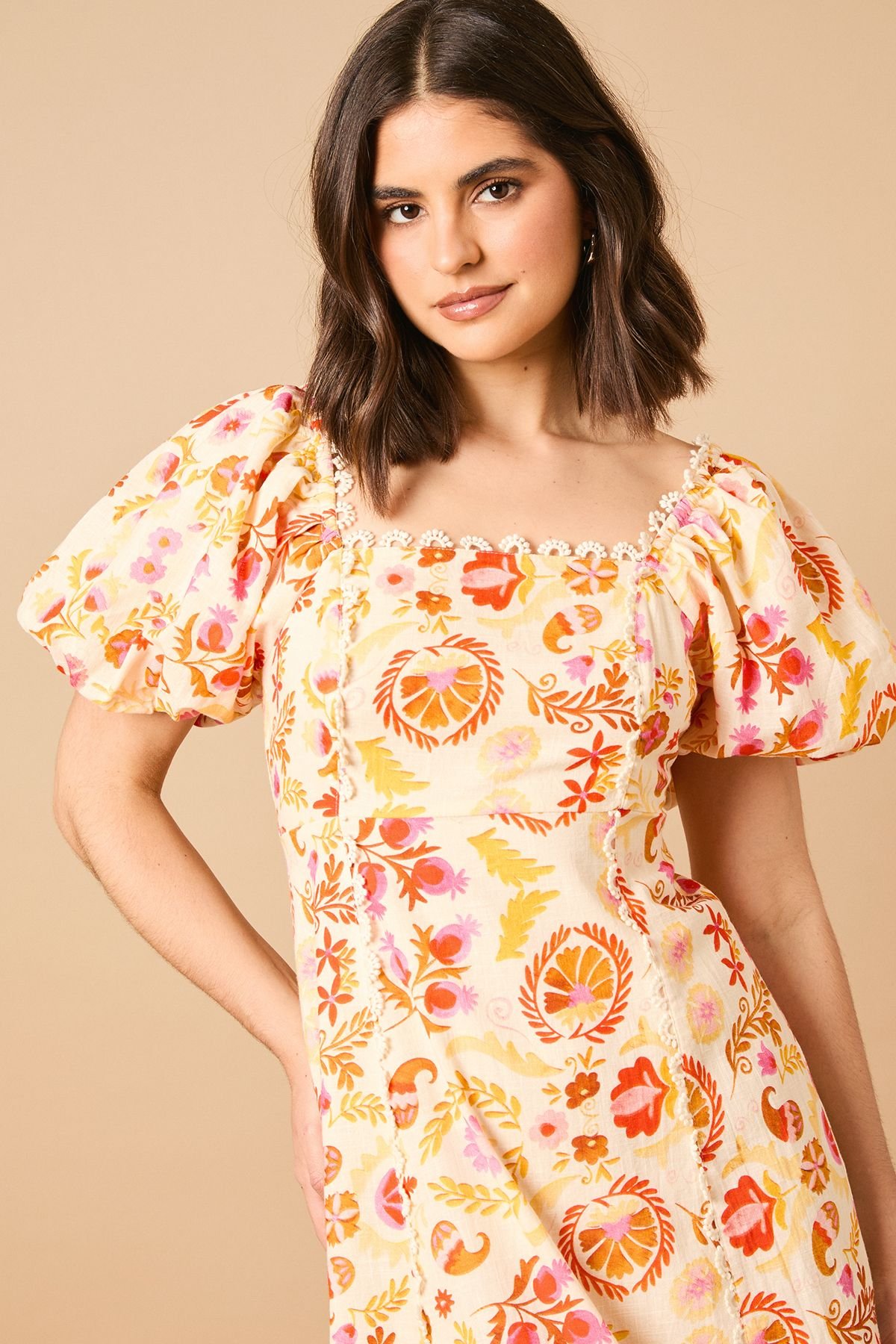 Oasis Oasis Women's Trim Detail Square Neck Puff Sleeve Midi Dress - 3