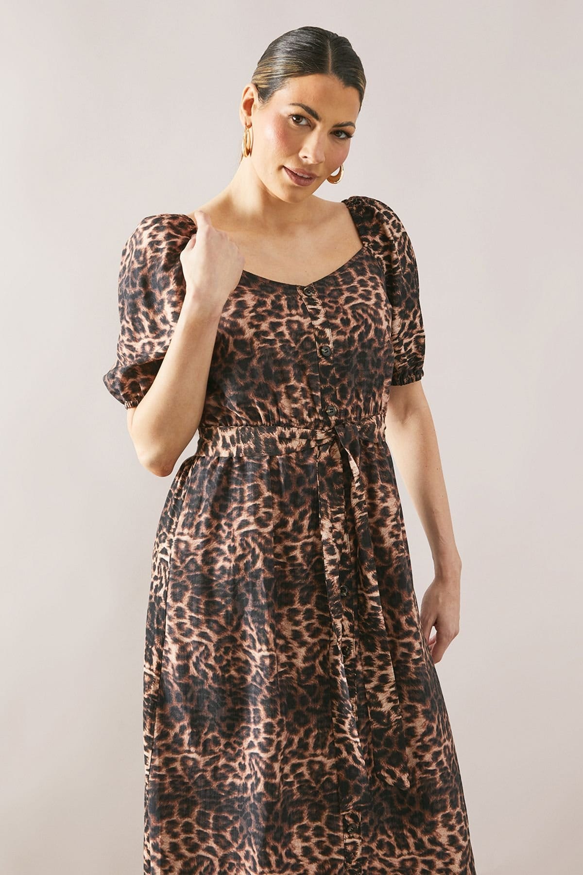 Wallis Wallis Women's Leopard Print Button Belted Midi Dress in Brown - 4