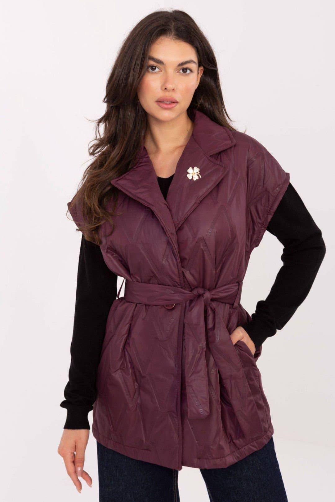 Love Lace Love Lace Burgundy Quilted Longline Vest with Belt