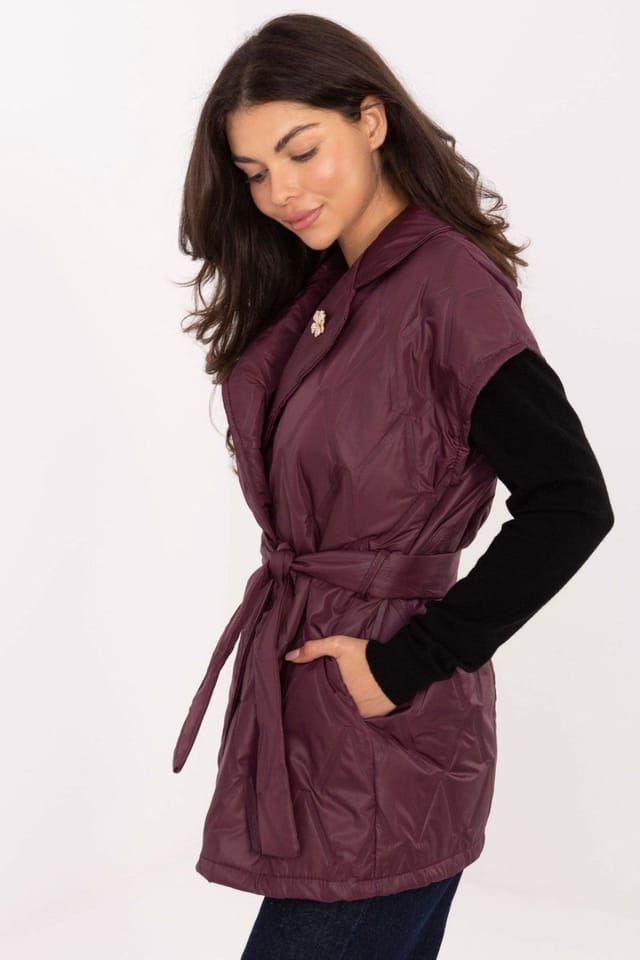 Love Lace Love Lace Women's Elegant Quilted Longline Vest with Belt in Burgundy - 2