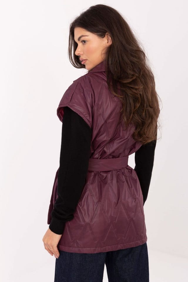 Love Lace Love Lace Women's Elegant Quilted Longline Vest with Belt in Burgundy - 3