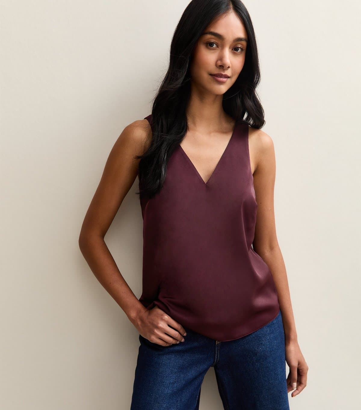 New Look New Look Dark Burgundy Satin V-Neck Sleeveless Top