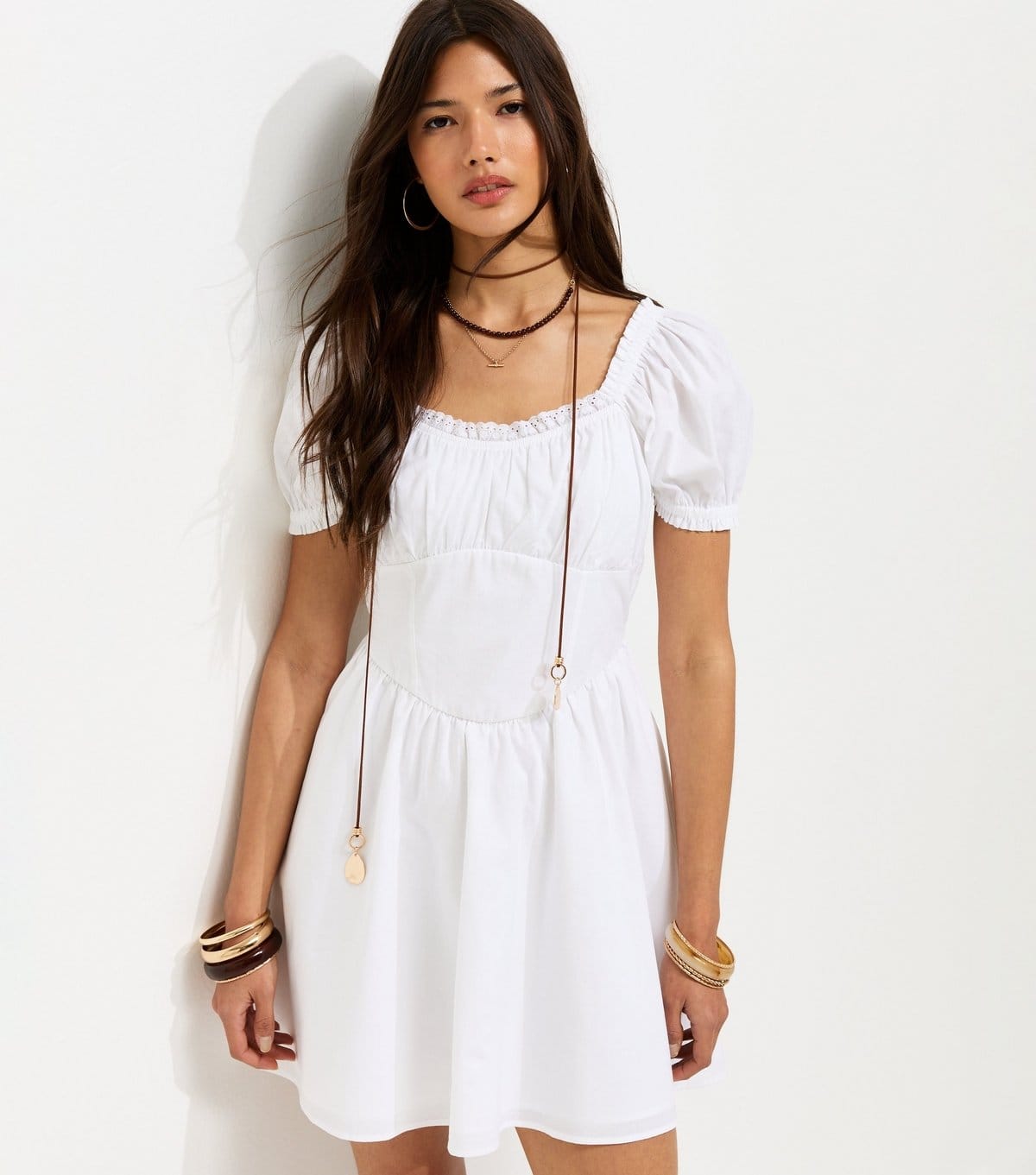 New Look White Cotton Lace Trim Corset Waist Milkmaid Mini Dress