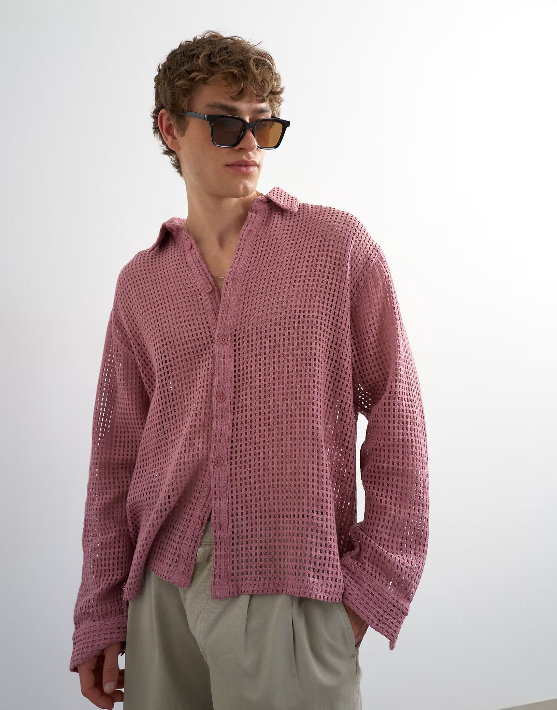 ASOS Topman relaxed fit woven mesh shirt in washed pink