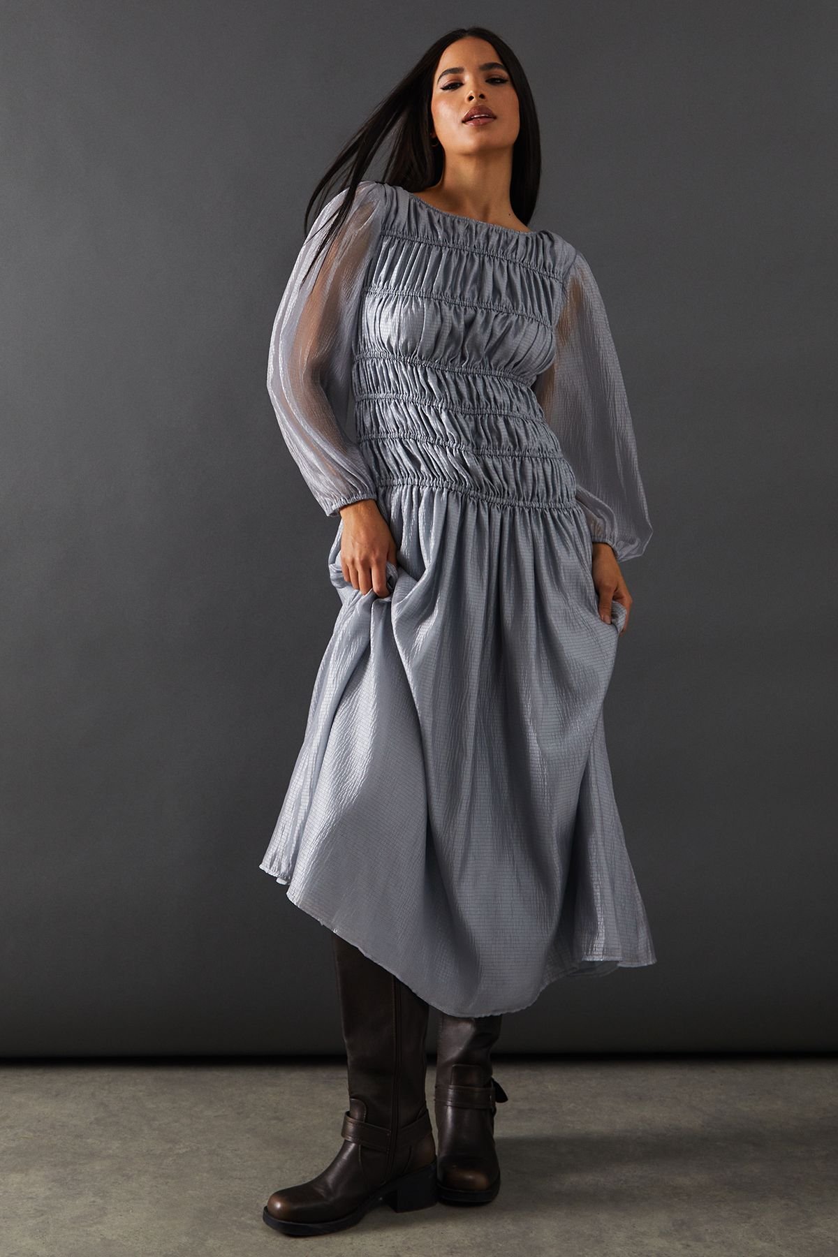 Warehouse Warehouse Women's Shirred Chiffon Panel Bodice Midi Dress in Silver - 2