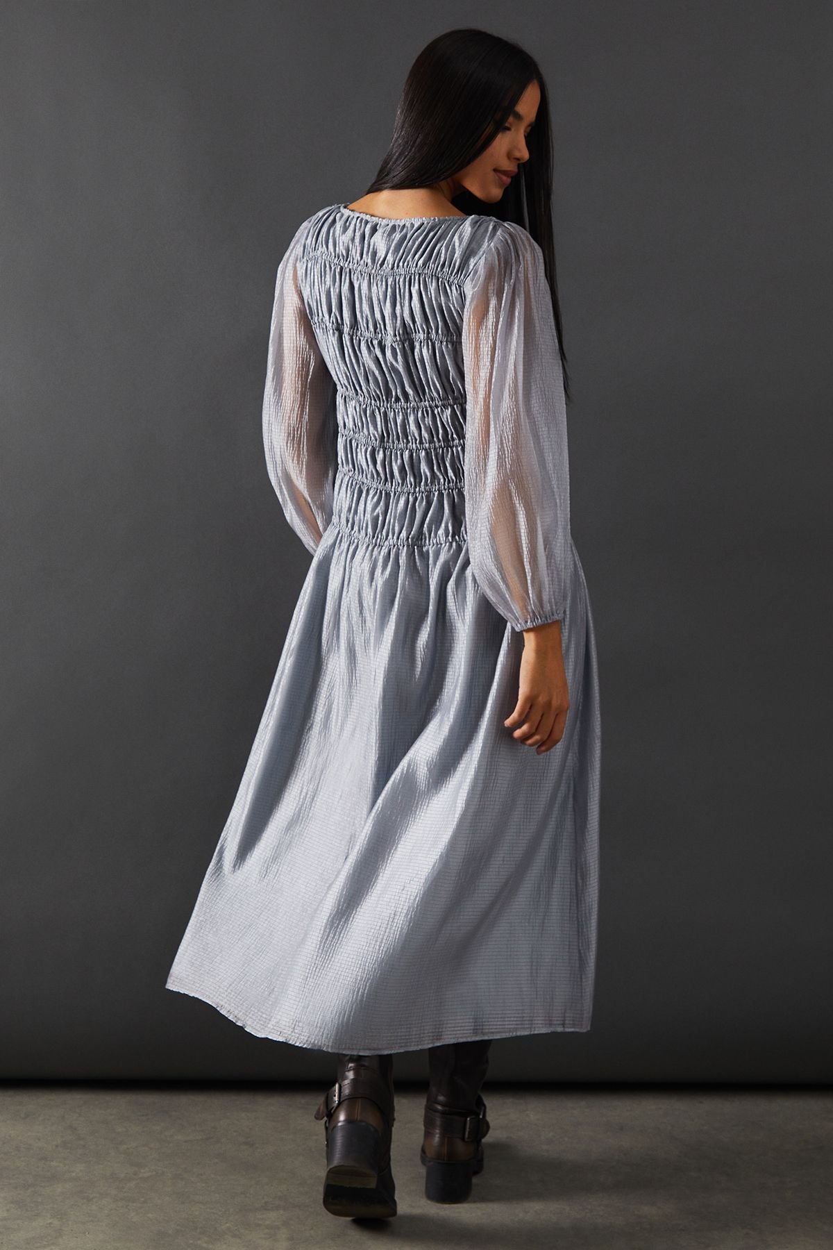 Warehouse Warehouse Women's Shirred Chiffon Panel Bodice Midi Dress in Silver - 3