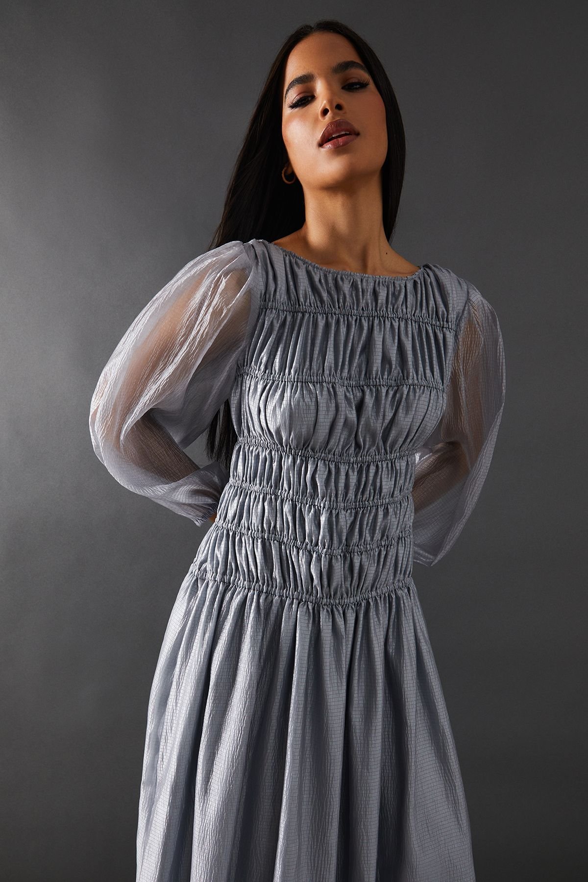 Warehouse Warehouse Women's Shirred Chiffon Panel Bodice Midi Dress in Silver - 4