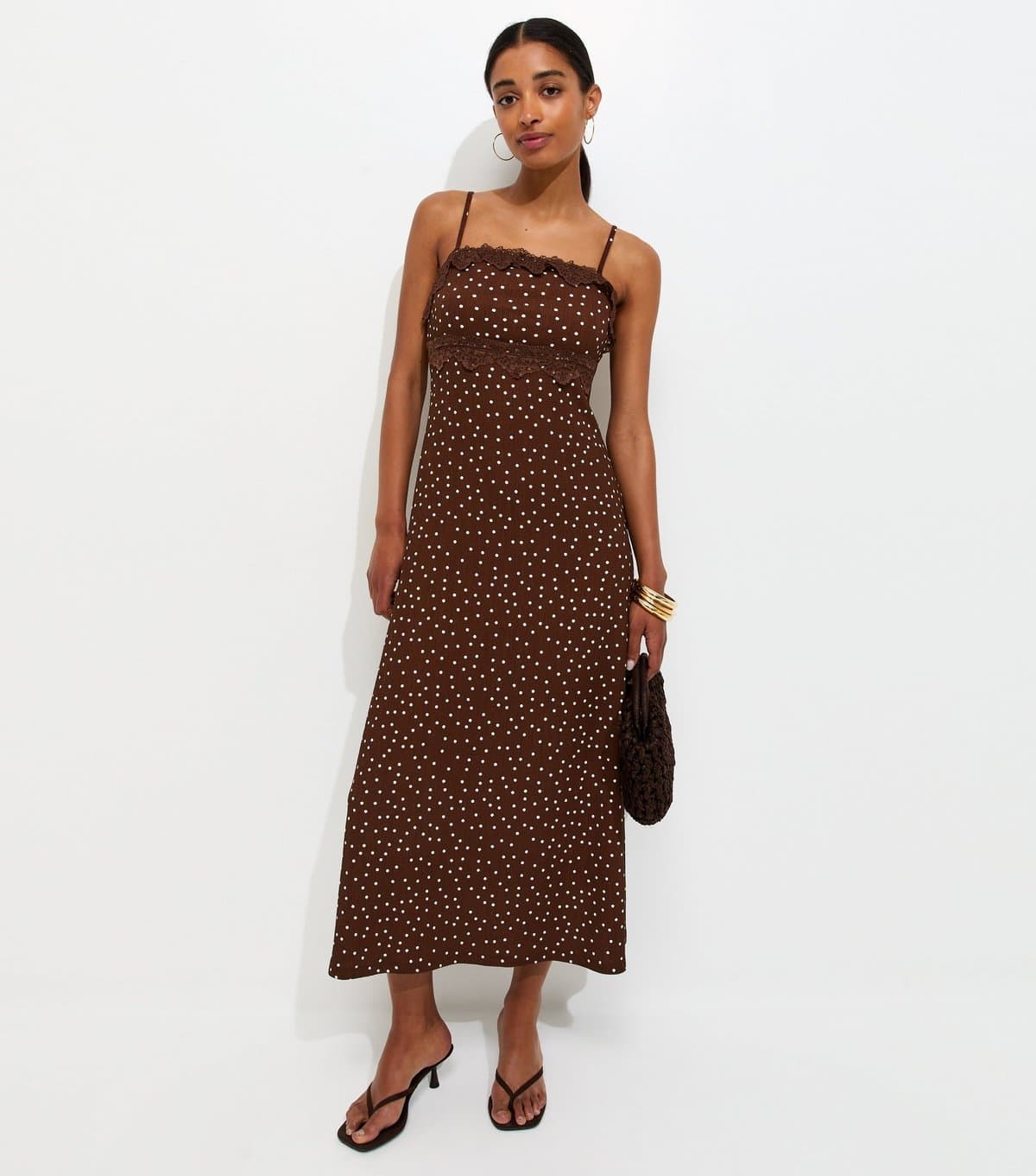 New Look Women's Brown Crinkle Texture Polka Dot Lace Trim Strappy Midi Dress New Look
