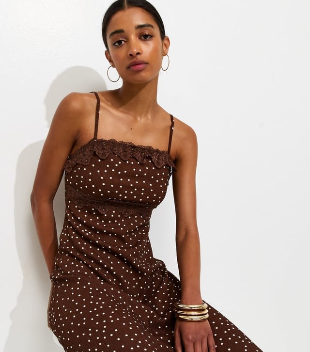 New Look Women's Brown Crinkle Texture Polka Dot Lace Trim Strappy Midi Dress New Look - 2