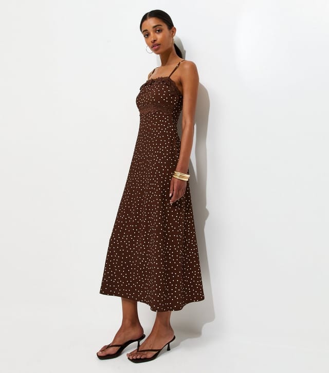 New Look Women's Brown Crinkle Texture Polka Dot Lace Trim Strappy Midi Dress New Look - 3