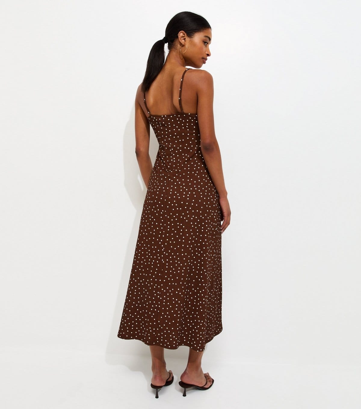 New Look Women's Brown Crinkle Texture Polka Dot Lace Trim Strappy Midi Dress New Look - 4
