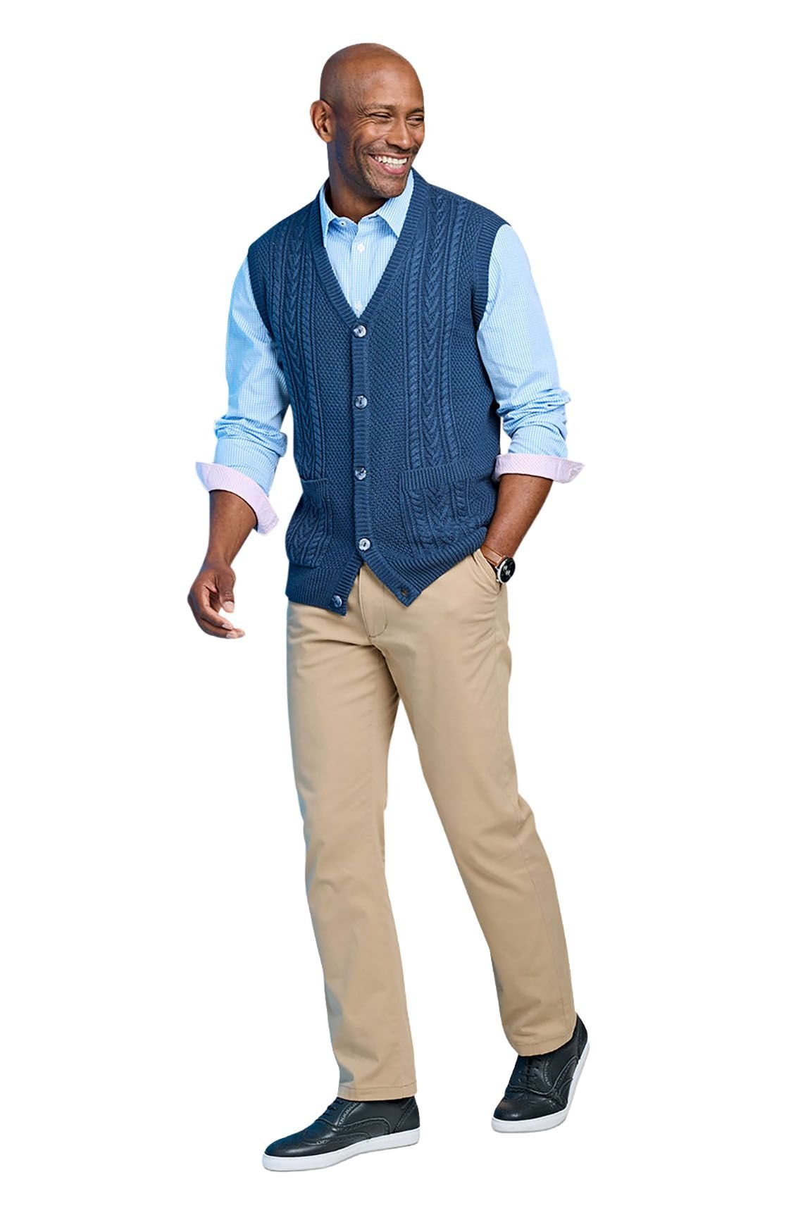 Tootal Tootal Men's Cable Knitted Waistcoat, Chunky Cotton Blend Sleeveless Jumper, Smart in Blue - 2