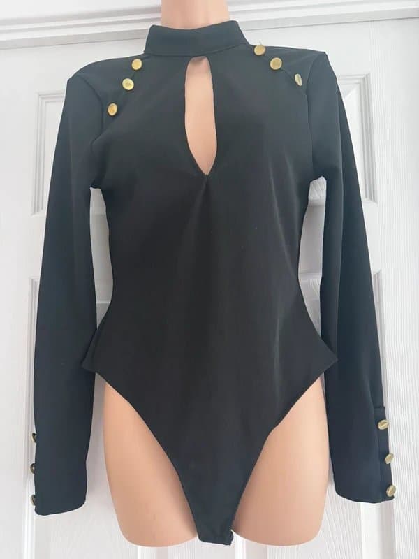 ASOS Y2K Club Luxe asos Black Ribbed Bodysuit Open Back glam cut gold buttons BNWT size 12