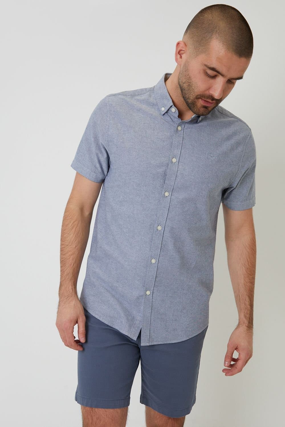 Threadbare Threadbare Men's Oxford Cotton Slim Fit Short Sleeve Shirt in Blue