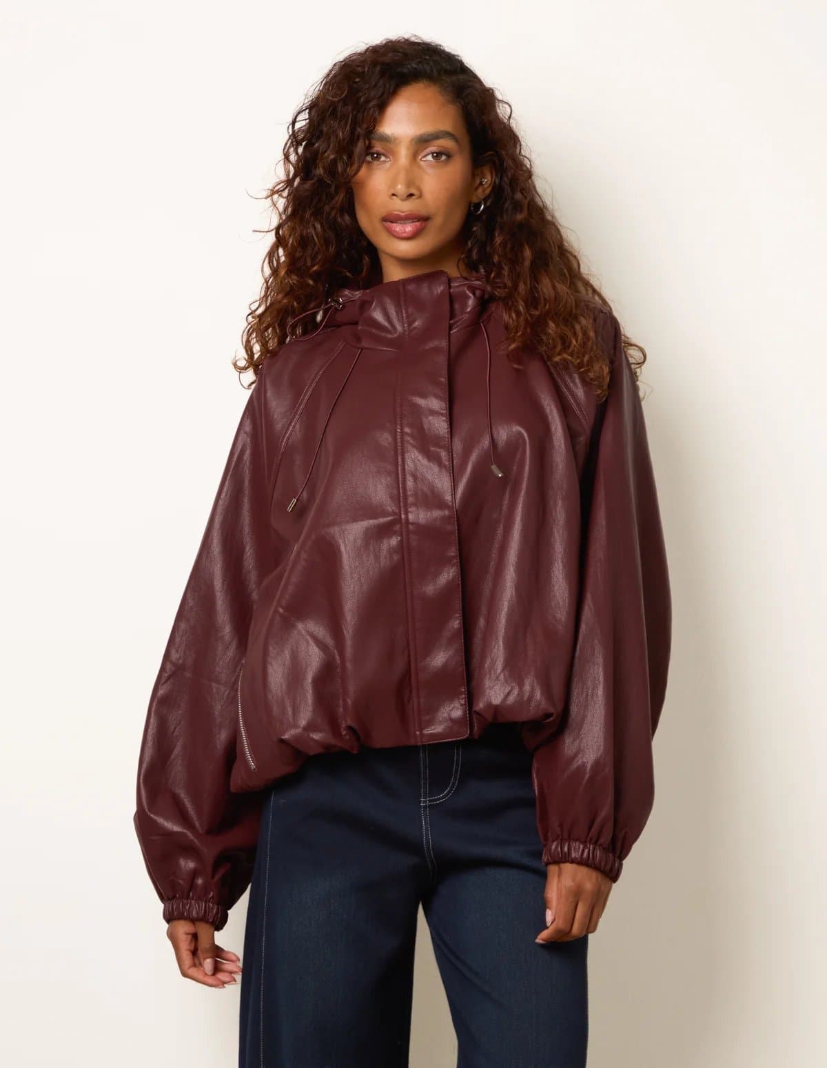 Blue Vanilla Hooded Leather Look Bomber Jacket