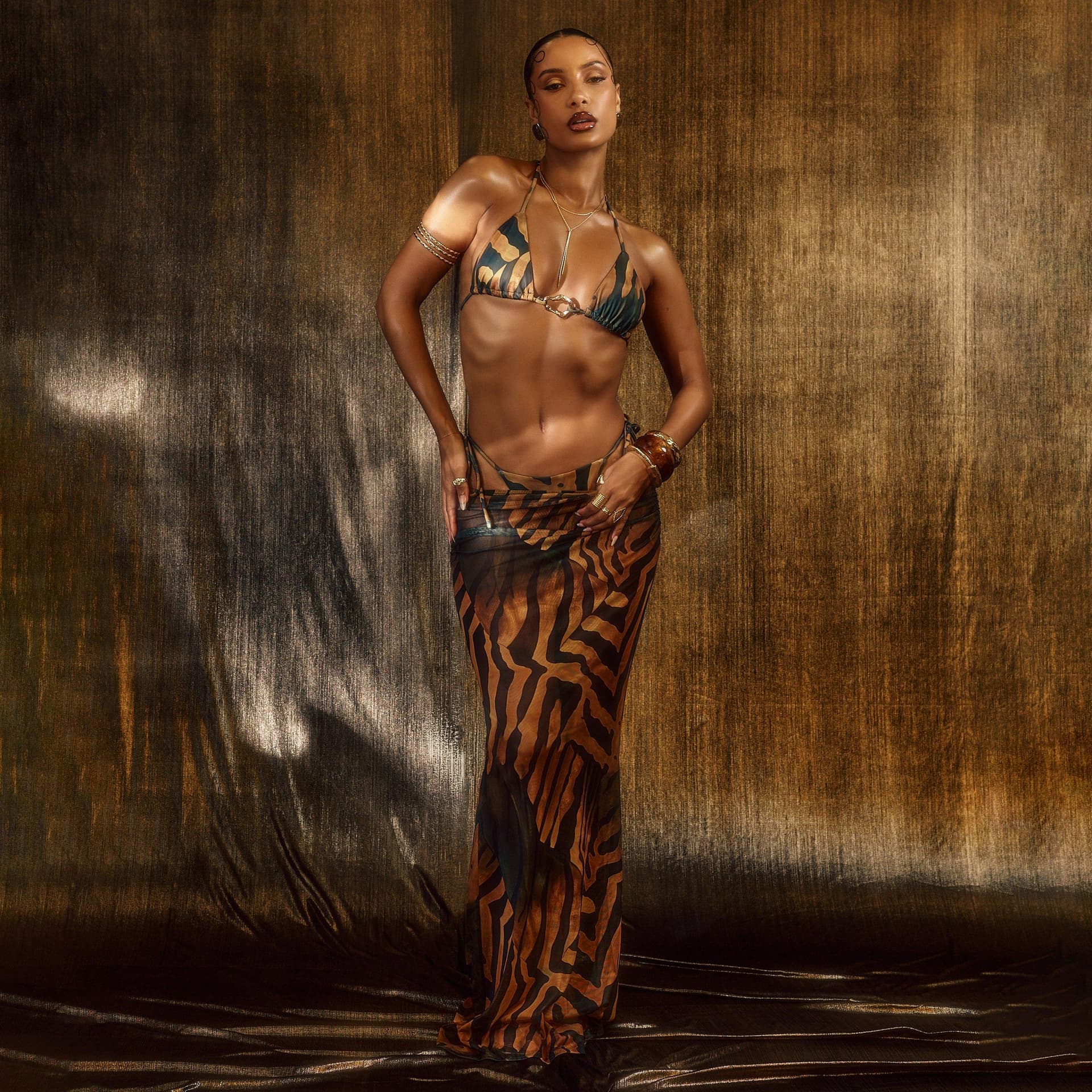 EGO Ruched Printed Detail Fishtail Maxi Beach Skirt In Abstract Animal Print, Women's Size UK 6