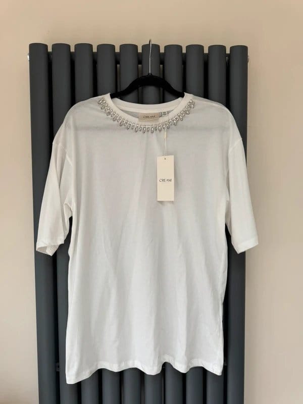 Cream Leona Deco Embellished T-Shirt XS White Crystal Neckline Top