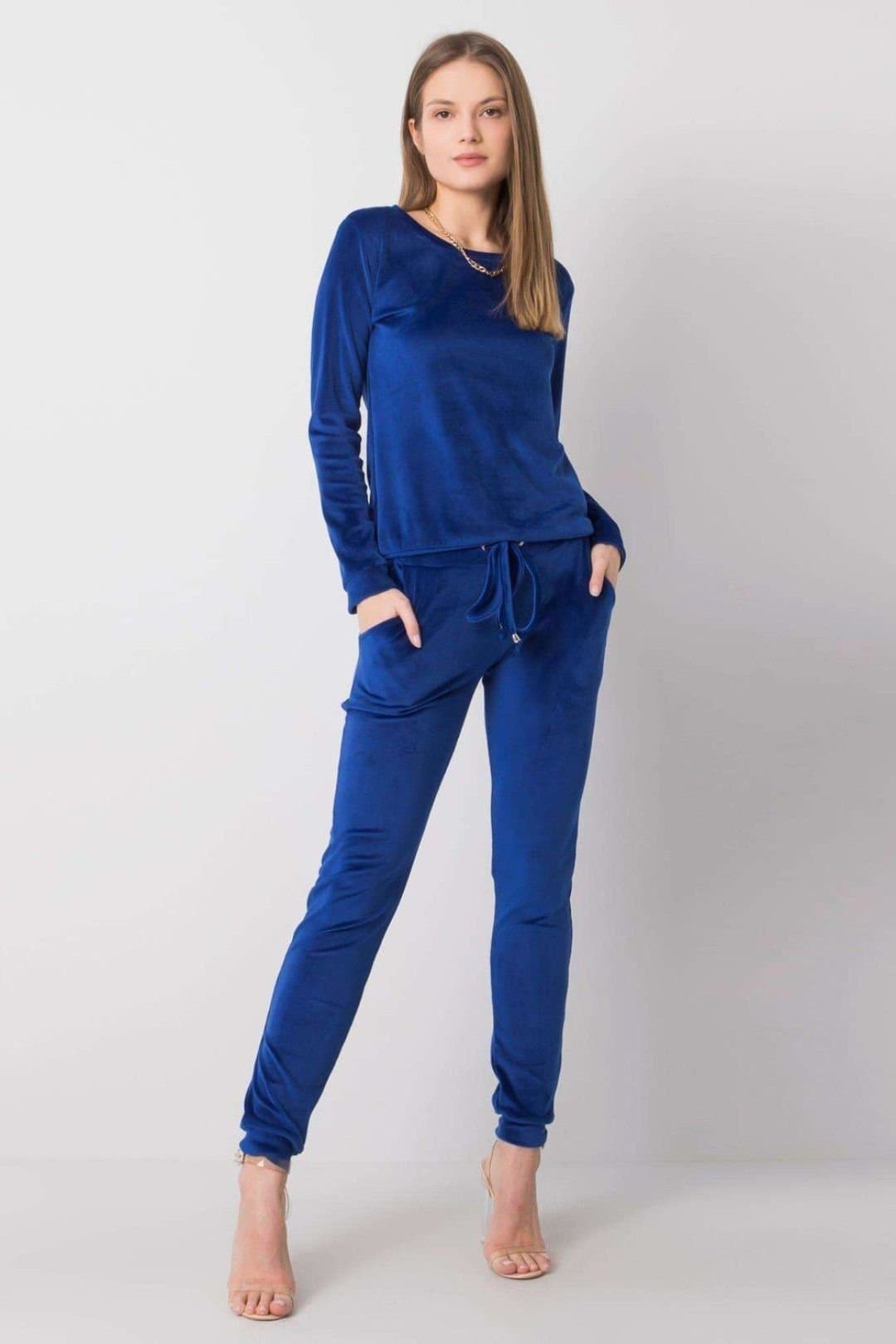 Love Lace Love Lace Women's Velour Blouse & Tie Waist Pants Set in Blue