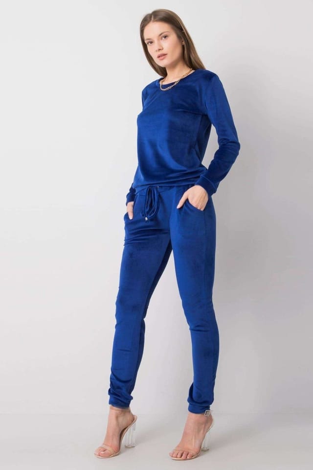 Love Lace Love Lace Women's Velour Blouse & Tie Waist Pants Set in Blue - 2