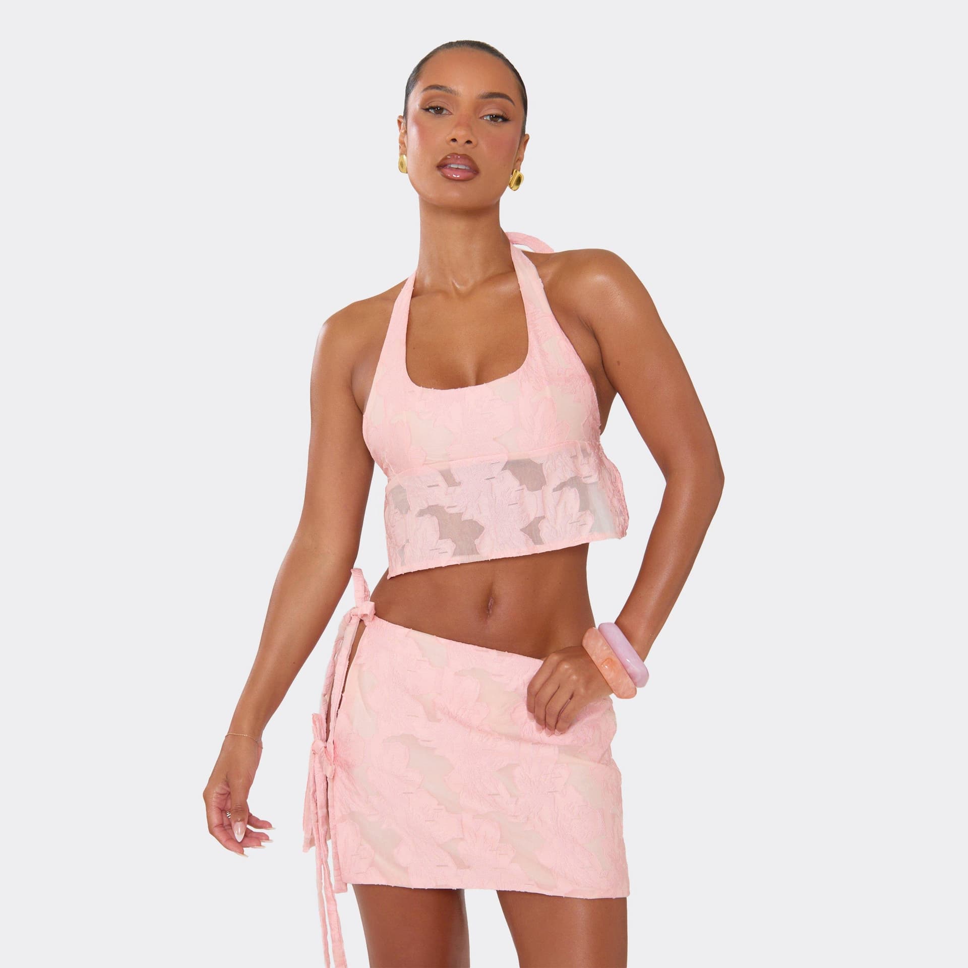 EGO Scoop Halterneck Tie Back Top In Pink Texture, Women's Size UK 6