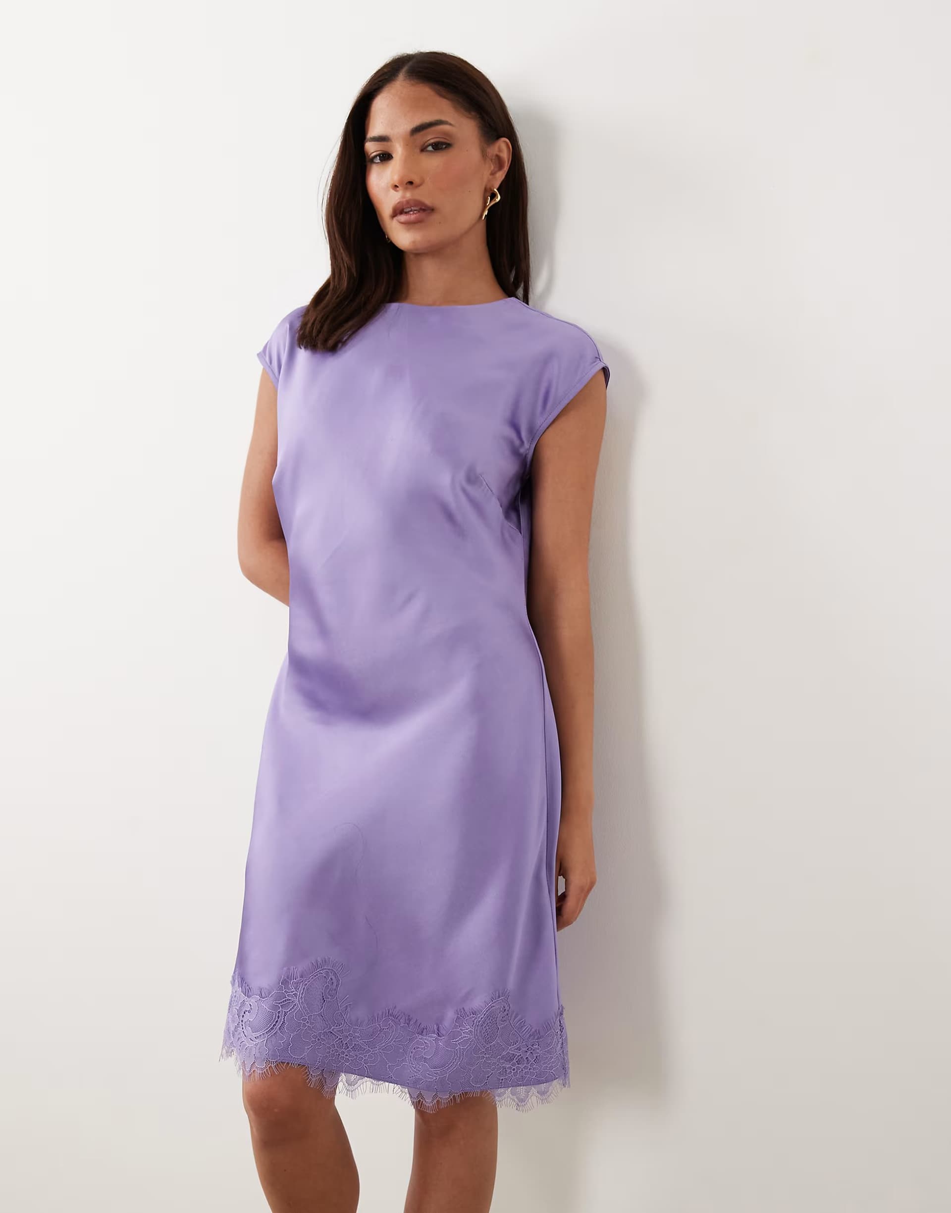 ASOS ASOS DESIGN Petite slash neck satin mini dress with lace hem in lilac