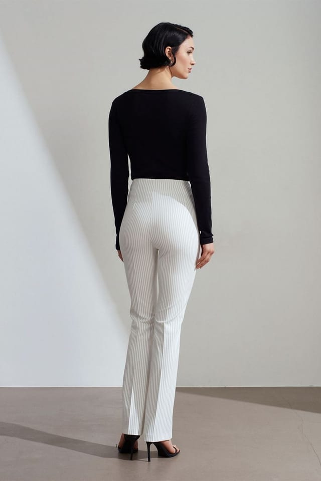 Dilvin Dilvin Women's High-Waist Striped Pleated Flare Pants in White - 2