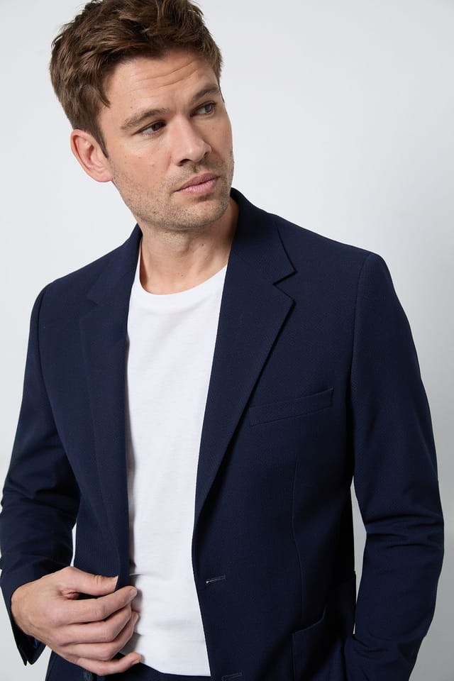 Burton Burton Men's Indigo Seersucker Slim Fit Patch Pocket Blazer in Navy - 3