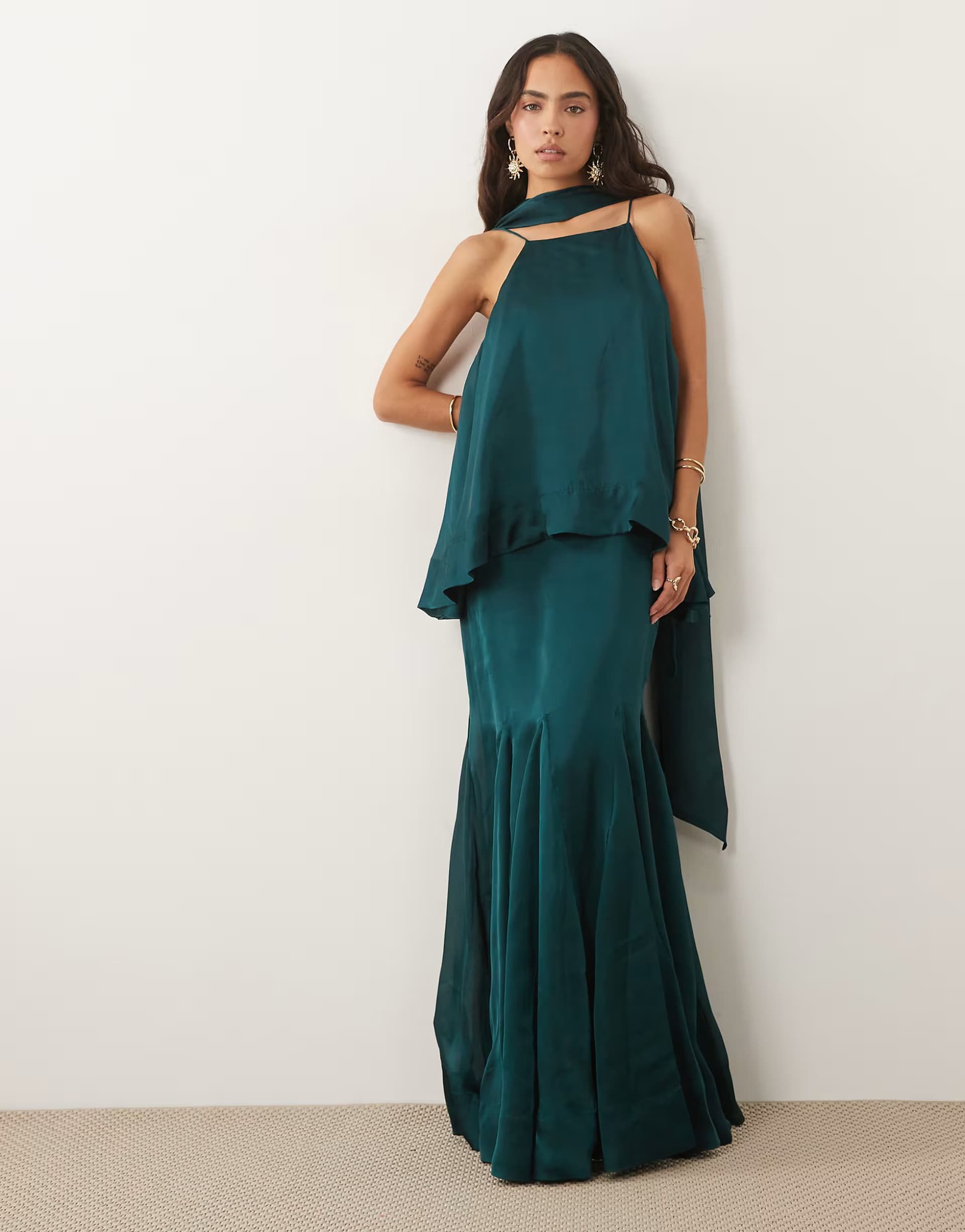 ASOS ASOS DESIGN layered tiered cami maxi dress with scarf detail in teal