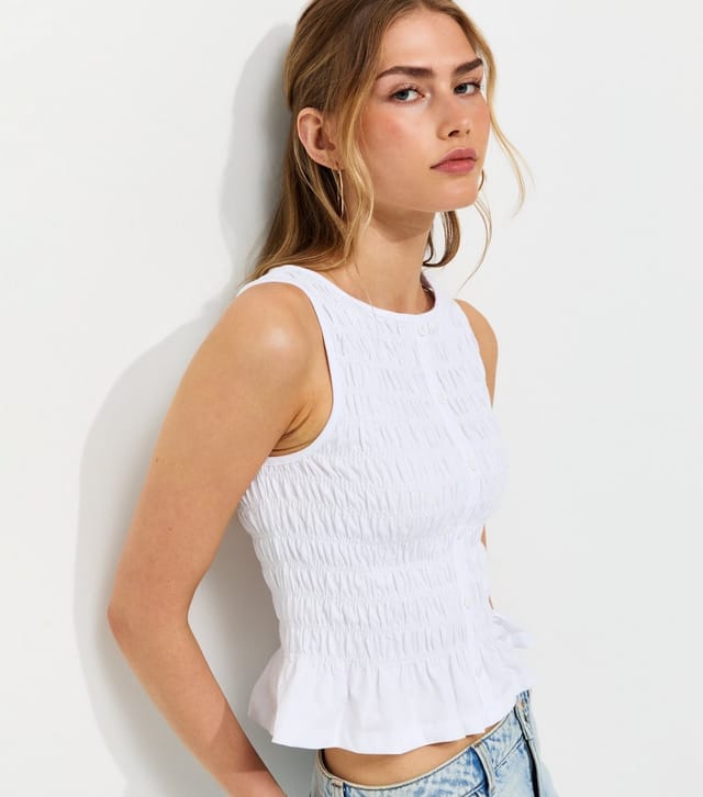 New Look Women's White Cotton Faux Button Shirred Flared Hem Top New Look - 2
