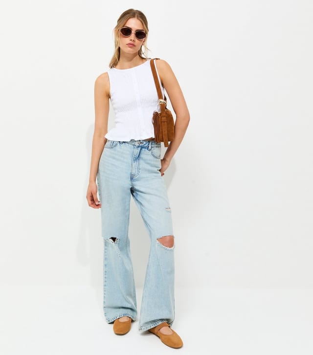 New Look Women's White Cotton Faux Button Shirred Flared Hem Top New Look - 3