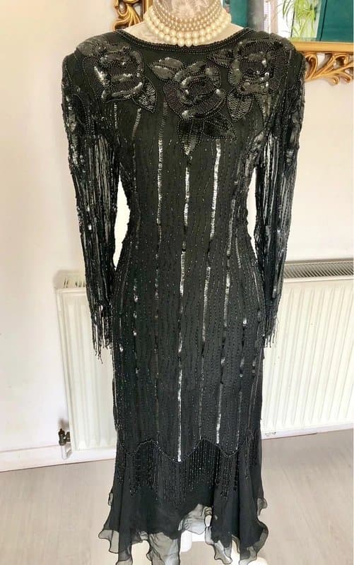 100% silk vintage Vintage Y2K Silk 100 % Black Beaded Evening Dress Size 14