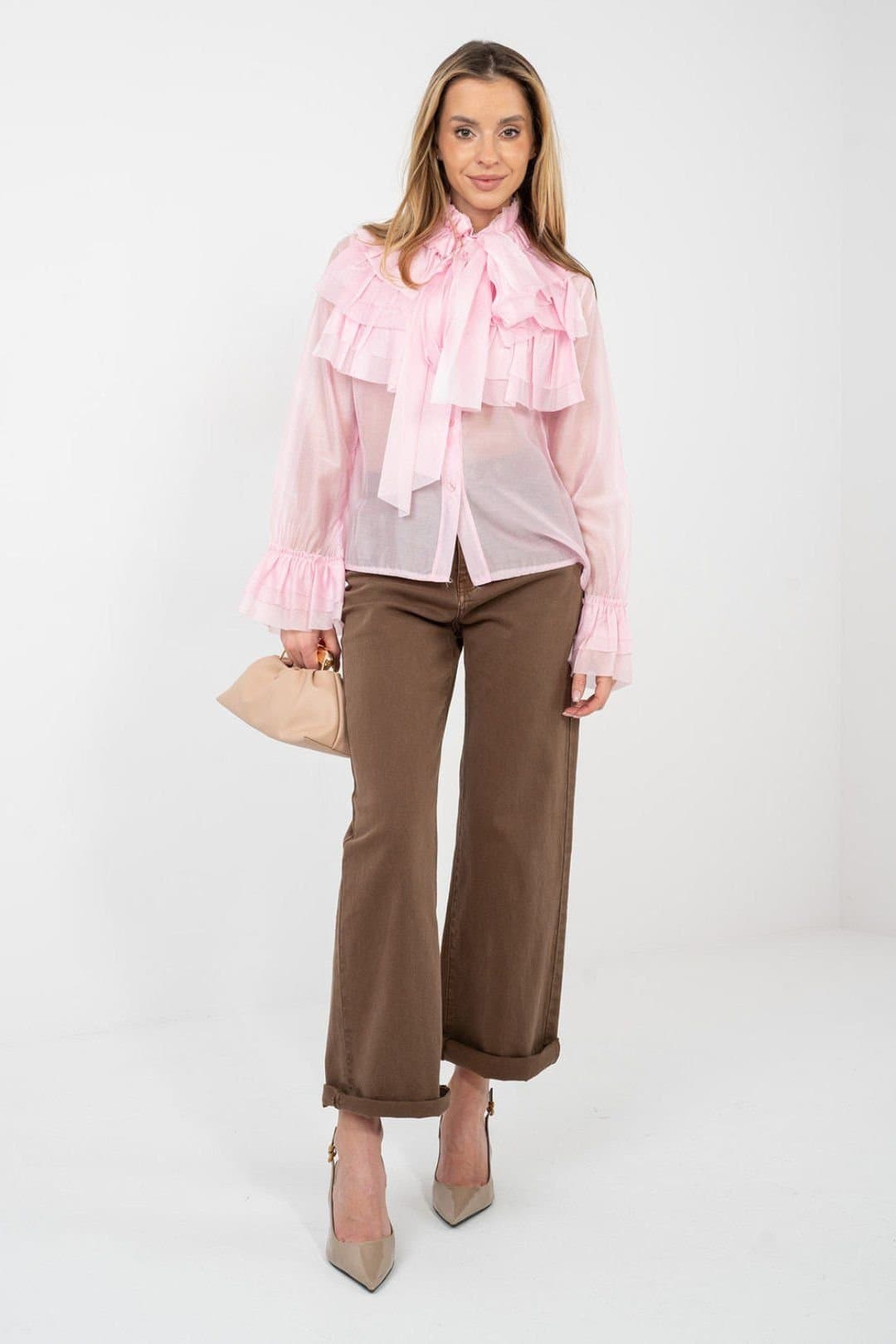 Love Lace Love Lace Women's Tencel Blend Stand Collar Jabot Long Sleeve Shirt Style 223741 in Pink
