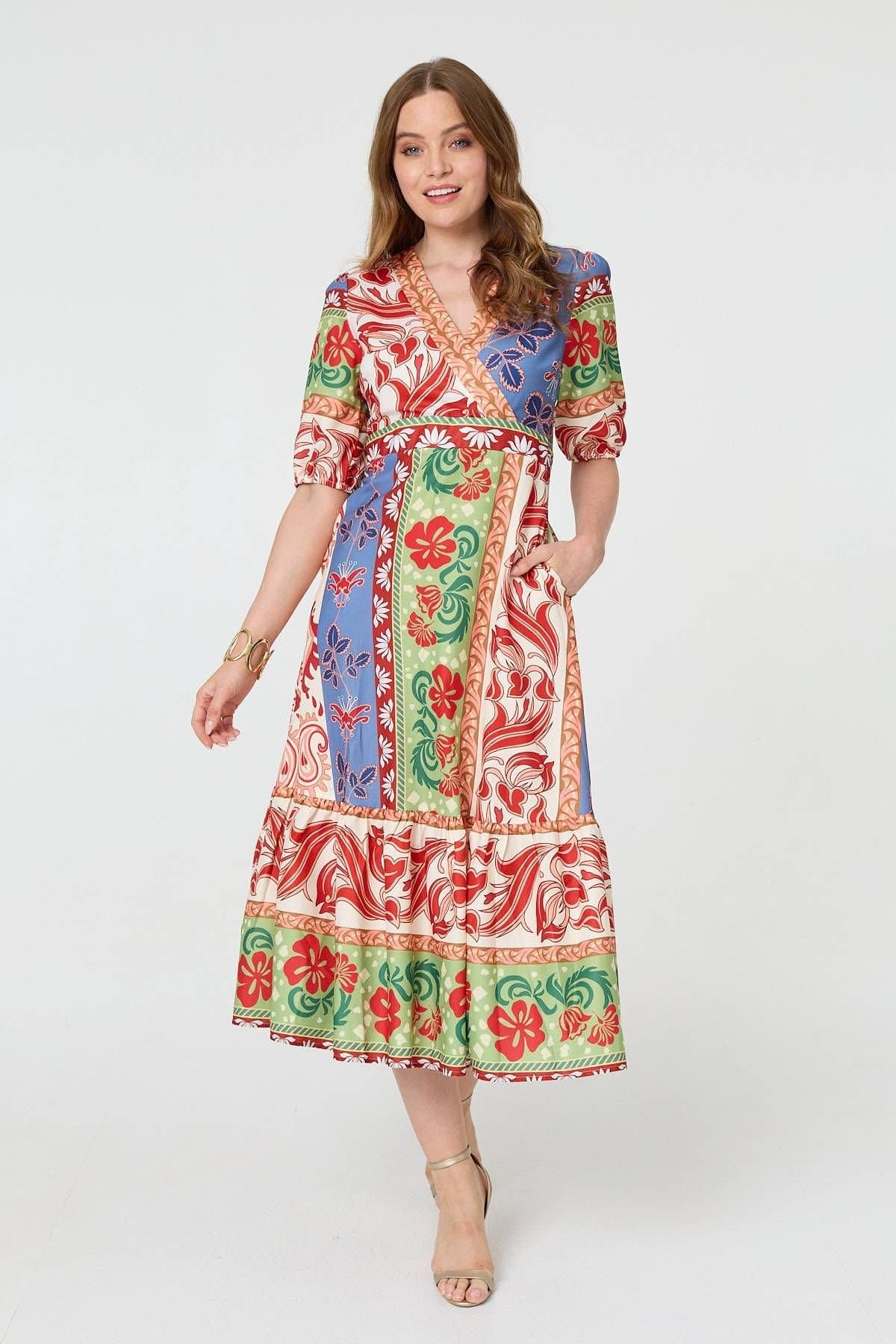 Izabel London Izabel London Women's Printed 1/2 Sleeve V-Neck Midi Dress in Orange