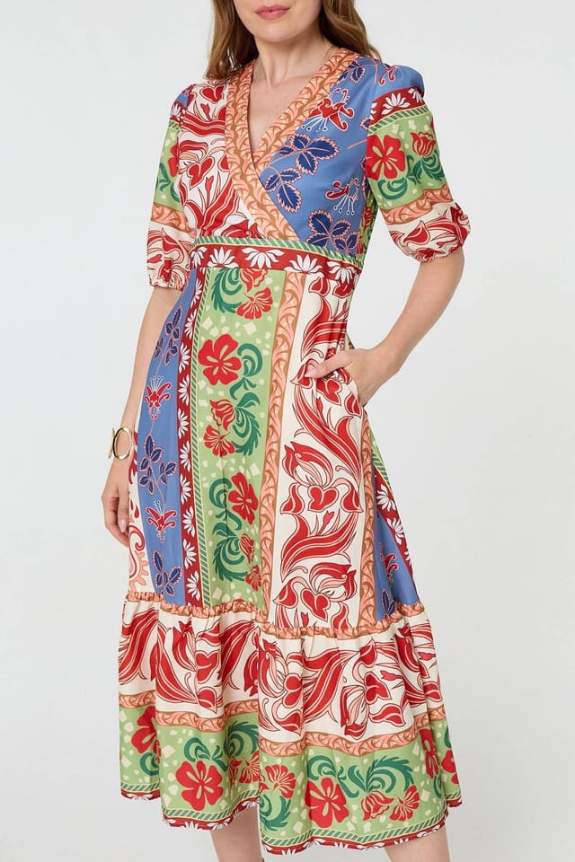 Izabel London Izabel London Women's Printed 1/2 Sleeve V-Neck Midi Dress in Orange - 2