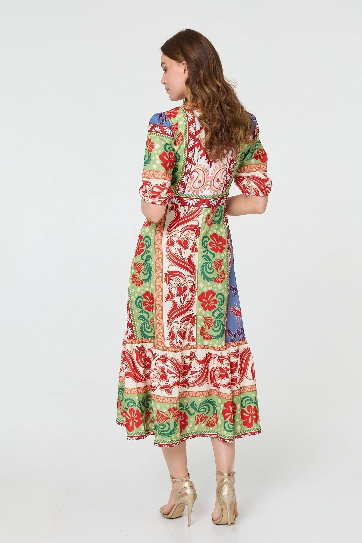 Izabel London Izabel London Women's Printed 1/2 Sleeve V-Neck Midi Dress in Orange - 3