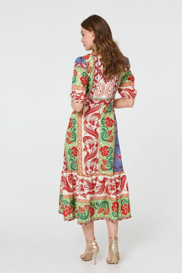 Izabel London Izabel London Women's Printed 1/2 Sleeve V-Neck Midi Dress in Orange - 3