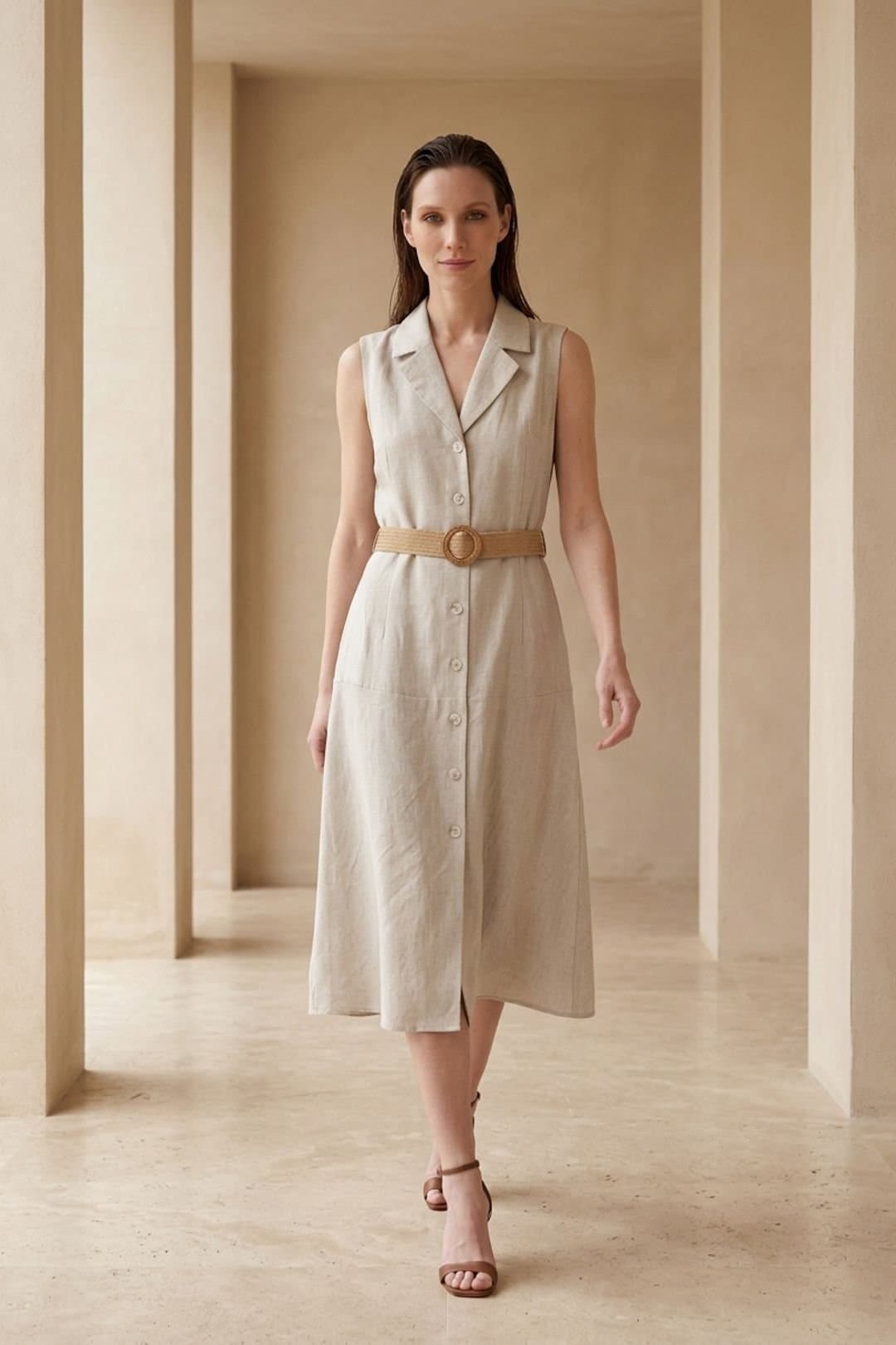 MyFashion MyFashion Women's Sleeveless Midi Shirt Dress in Medium Beige