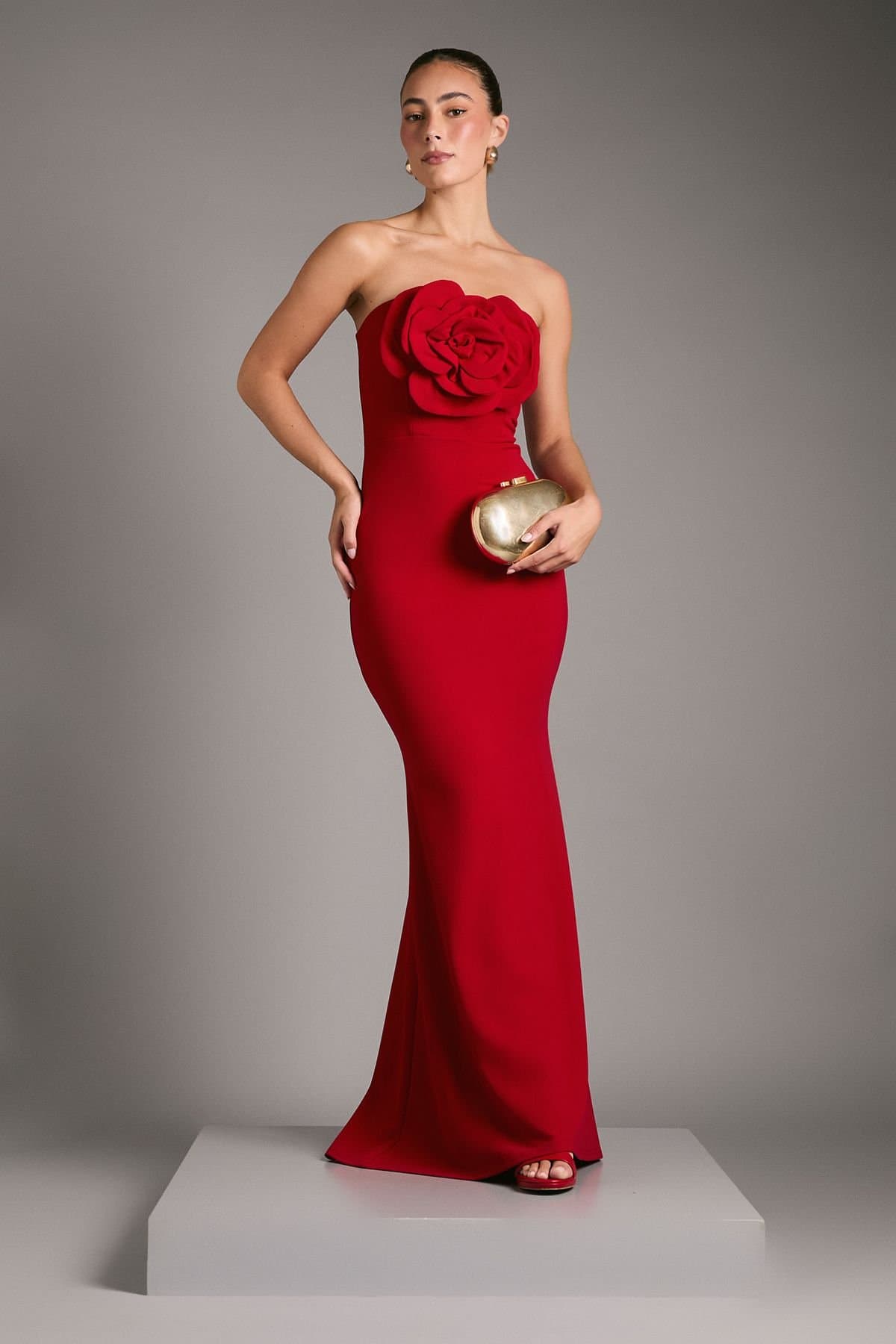 Coast Coast Women's Bandeau Maxi Gown With Rose Corsage in Red
