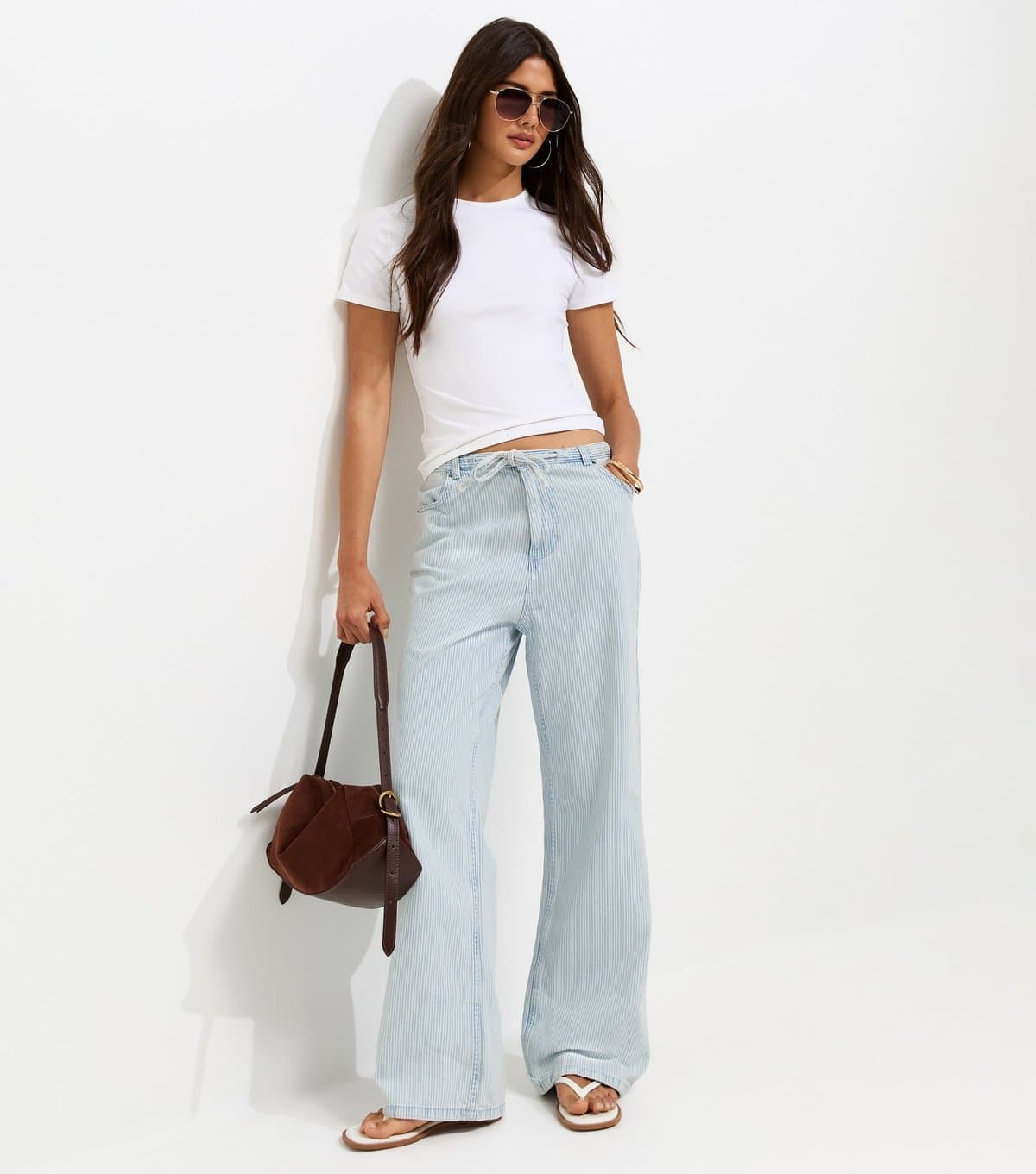 New Look Women's White Cotton Striped Denim Tie Waist Jeans New Look